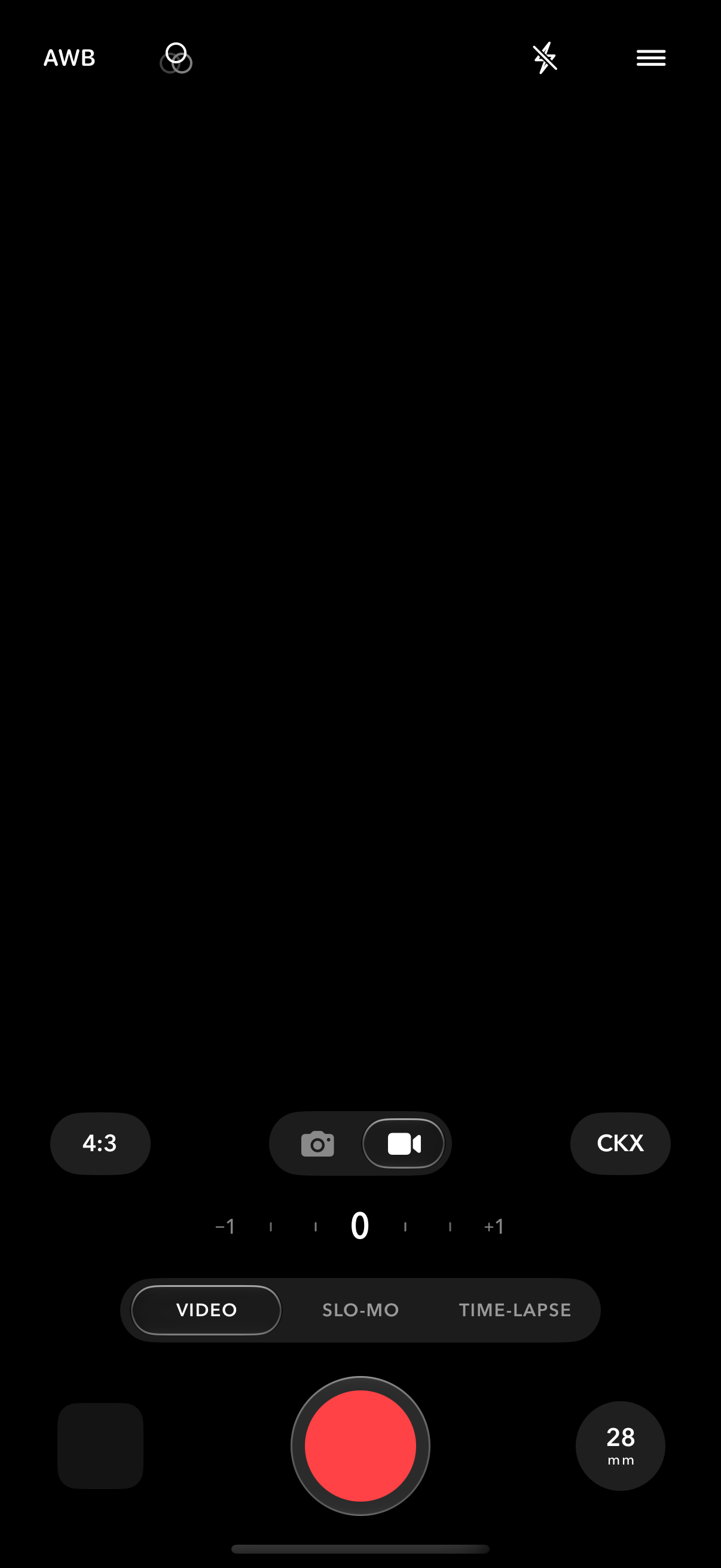 The camera screen in Video mode